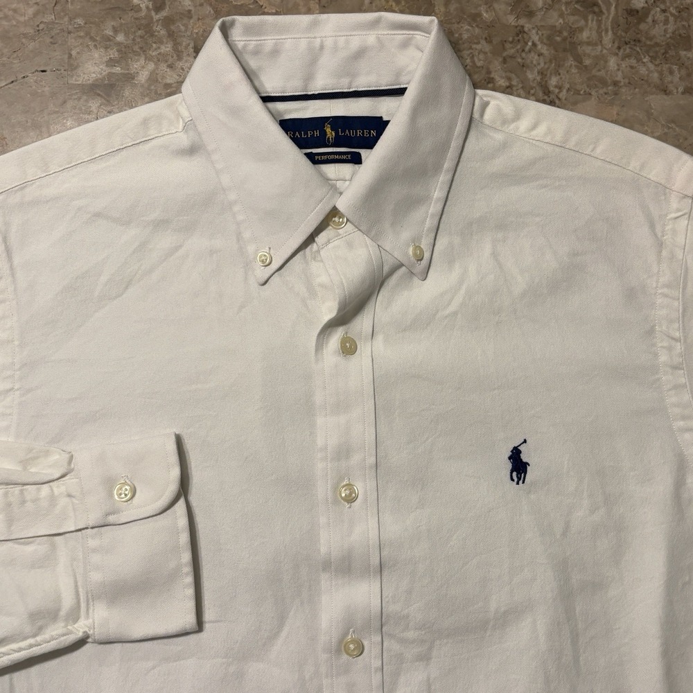 Polo Ralph Lauren Shirt Mens Medium White Solid Oxford Performance Woven OCBD